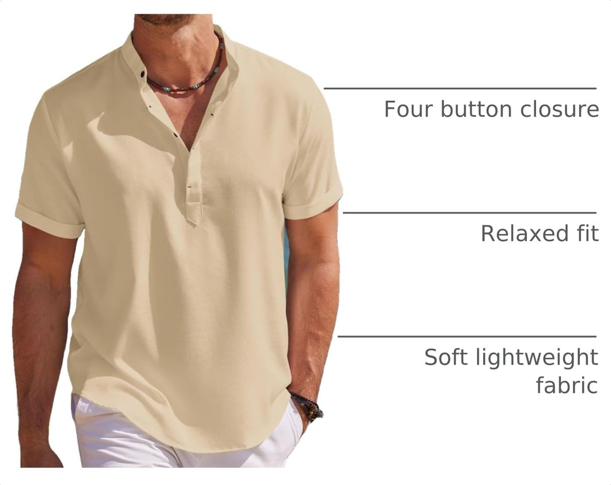 COOFANDY Men's Linen Henley Shirt Short Sleeve Casual Summer Beach Hippie T Shirts