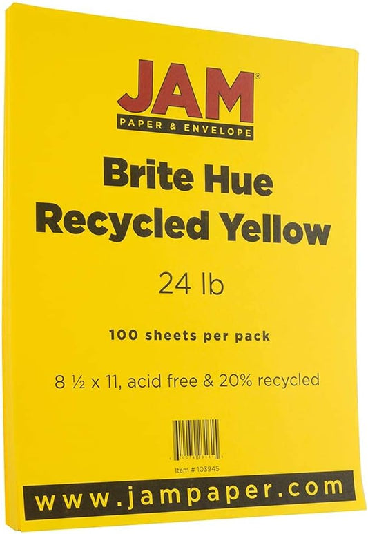 JAM PAPER Colored 24lb Paper - 90 gsm - 8.5 x 11 - Yellow Recycled - 50 SheetsPack