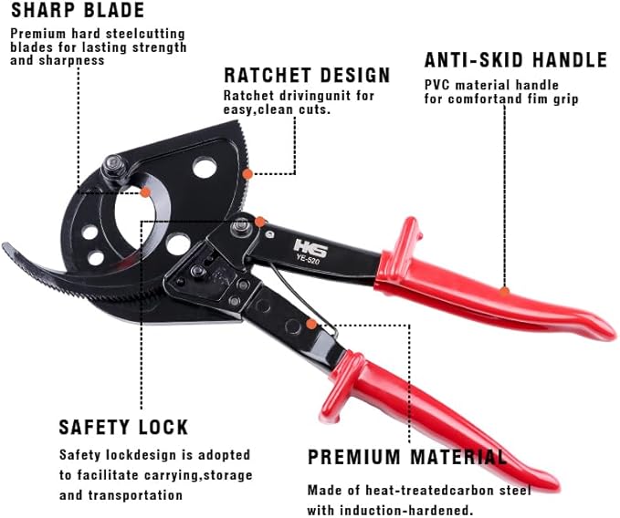HKS Ratchet Cable Wire Cutter Heavy Duty for Cutting Electrical Aluminum Copper and Multi-core Cables up to 400mm²