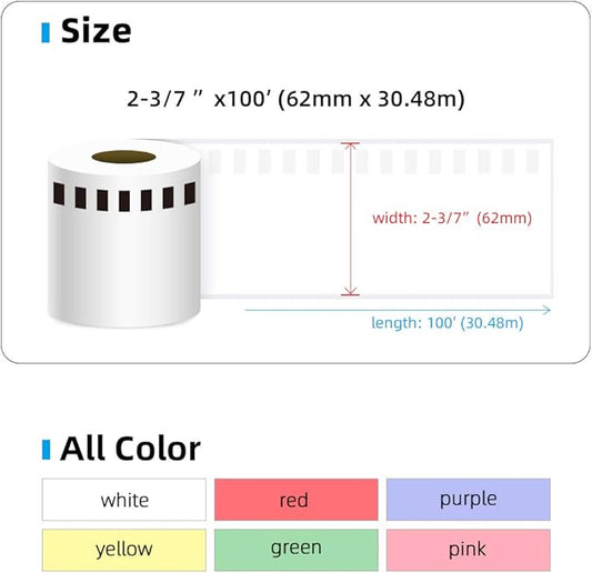 Label Orison Compatible DK-2205 Continuous Length White Paper Labels DK2205 62mm x 30.48m (2-37" x 100) for QL500 QL700 QL800 Label Printers,1 Roll