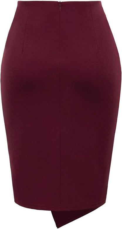 Kate Kasin Wear to Work Pencil Skirts for Women Elastic High Waist Wrap Front Knee Length Bodycon Skirt Tummy Control