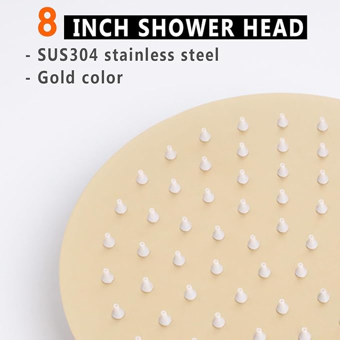 8 Inch Rain Shower Head, BSTIIU High Flow Stainless Steel Round Rainfall ShowerHead, High Pressure Overhead Shower Heads, Wall  Ceiling Mount Ultra Thin Stainless Steel Shower Head, Brushed Gold