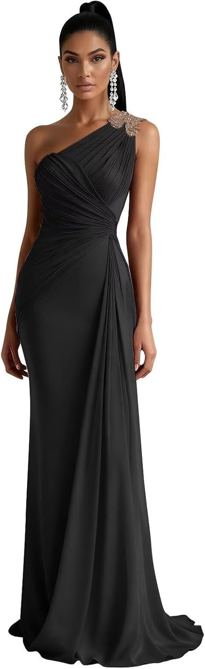 RYANTH One Shoulder Chiffon Bridesmaid Dresses for Women Mermaid Long Prom Dress Pleated Beaded Formal Evening Gowns.