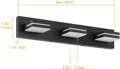 LED Modern Bathroom Vanity Light Fixtures (3-Light, 24-Inch), Matte Black Modern Acrylic Bathroom Wall Lighting Fixtures Over Mirror (Cool White 6000K)