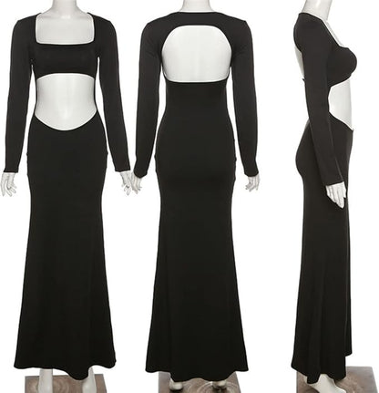 Suillty Women Sexy Hollow Out Bodycon Dress Long Sleeve Backless Belly Cutout Long Dresses for Cocktail Party Festival
