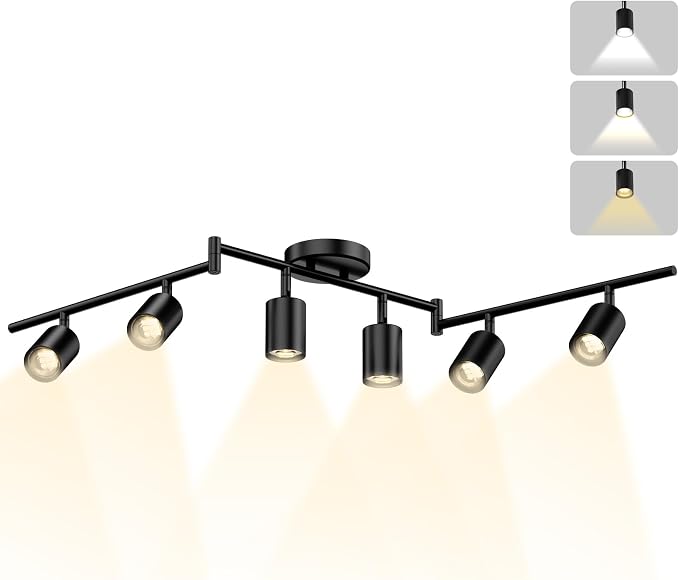 LED 6 Light Track Lighting Kit, 3 Color Adjustable Ceiling Spot Lighting Includes 6 x GU10 Bulb, Modern Track Light Fixture with Rotatable Heads for Kitchen, Living Room, Bedroom