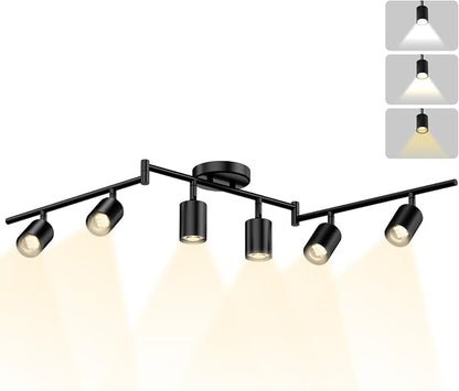 LED 6 Light Track Lighting Kit, 3 Color Adjustable Ceiling Spot Lighting Includes 6 x GU10 Bulb, Modern Track Light Fixture with Rotatable Heads for Kitchen, Living Room, Bedroom