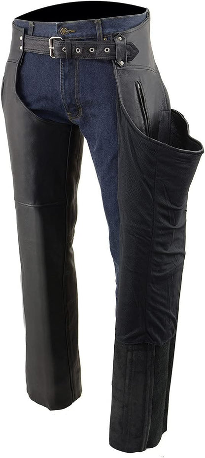 Milwaukee Leather Chaps for Men's Black Prime Leather Zipped Thigh Pocket-Mesh Lined Motorcycle Rider Chap-SH1190