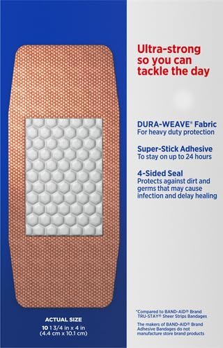 Band-Aid Brand Tough Strips Adhesive Bandages for Wound Care, Durable Protection for Minor Cuts and Scrapes, Extra Large Size, 10 ct