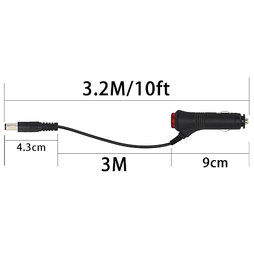 PNGKNYOCN 12V DC Car Charger Auto Power Supply 22AWG with Switch Button Cable DC 5.5mm x 2.1mm to Car Cigarette Lighter Male Plug Cable with Indicator Light(3M)
