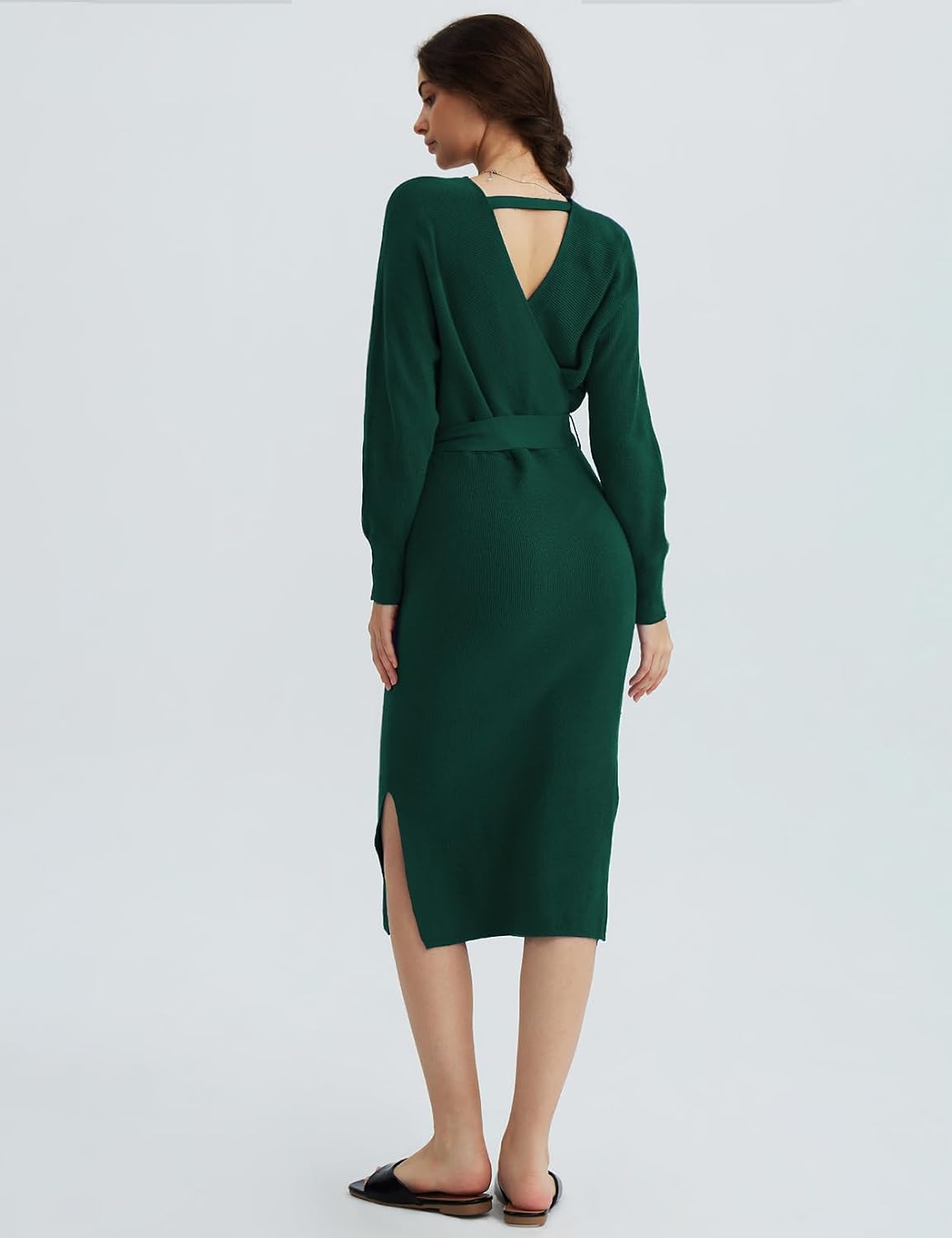 CHERFLY Women's V Neck Sweater Dresses Batwing Long Sleeve Backless Bodycon Long Dress with Belt .