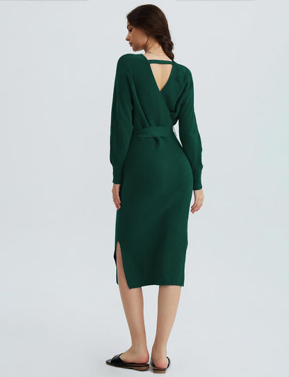 CHERFLY Women's V Neck Sweater Dresses Batwing Long Sleeve Backless Bodycon Long Dress with Belt .