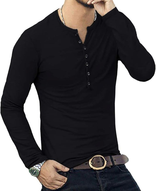 YTD Mens Casual Slim Fit Basic Henley Long Sleeve Fashion T-Shirt