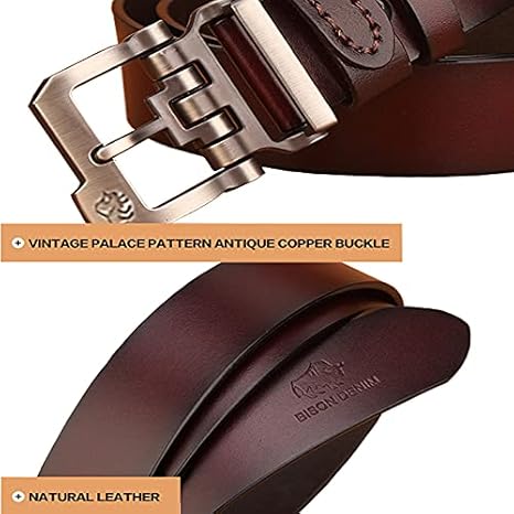 BISON DENIM Men's Belts Leather Dress Genuine Leather Classic Heavy Duty Buckle Belt Casual for Jeans