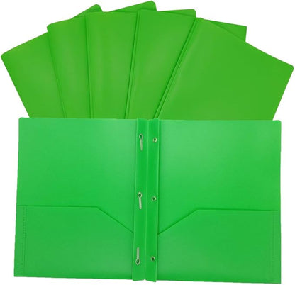 WR Plastic Two Pocket Folder with 3 prongs for Office and School-6 Pack (Green)