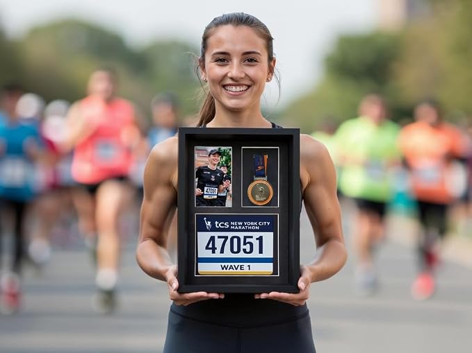3-in-1 Shadow Box Display with Real Glass (Medal, Race Bibs, and Photo Display) – Marathon Medal Display and Frame, Triathlon & Running Bib Holder, Wall-Mounted, Real Tempered Glass - Black