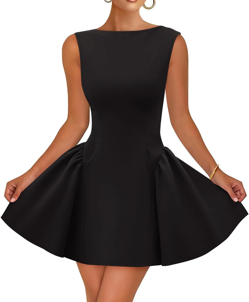 ZESICA Women's 2026 Summer Sleeveless Cocktail Mini Dress Boat Neck Backless Swing A Line Wedding Club Party Short Dresses .