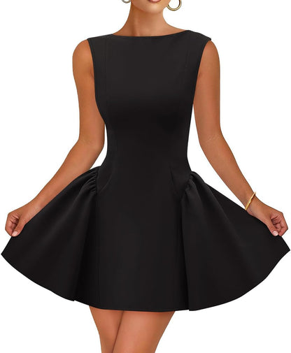 ZESICA Women's 2026 Summer Sleeveless Cocktail Mini Dress Boat Neck Backless Swing A Line Wedding Club Party Short Dresses .