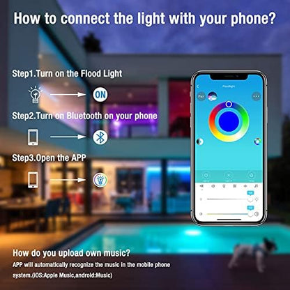 XUNATA 15W RGBW LED Reflector, Outdoor RGB Bluetooth Color Changing, Music Synchronization, Smart Flood Light, Dimmable, Waterproof, IP66, Wall Washer, Spotlights