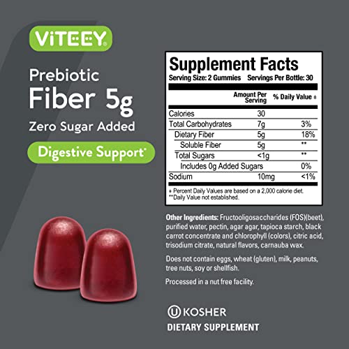 Viteey Prebiotic Fiber Gummies for Adults, 5g - Gut Health & Digestive Soluble Fiber Supplement Gummies - Zero Sugar Added, Vegan, Gluten-Free - 120 Count
