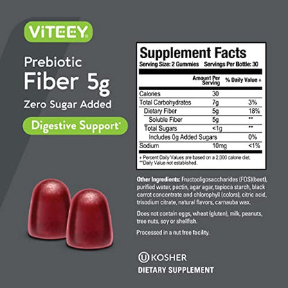 Viteey Prebiotic Fiber Gummies for Adults, 5g - Gut Health & Digestive Soluble Fiber Supplement Gummies - Zero Sugar Added, Vegan, Gluten-Free - 120 Count