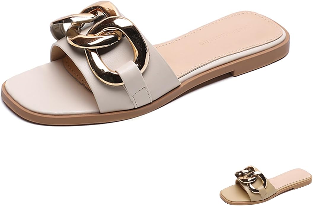 Zeberfi Women's Metal Chain Flat Slide Sandals Fashion Square Open Toe Single Band Slippers for Summer
