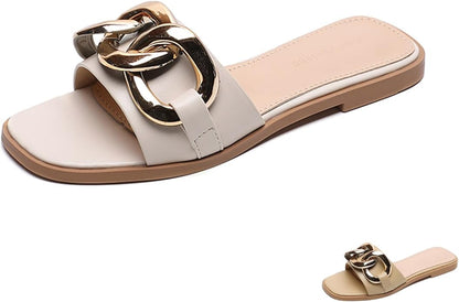 Zeberfi Women's Metal Chain Flat Slide Sandals Fashion Square Open Toe Single Band Slippers for Summer