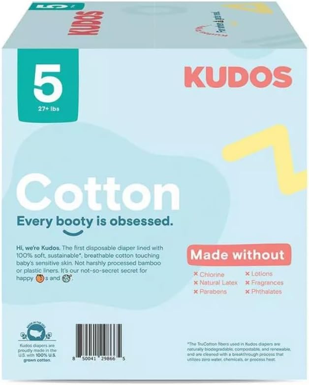 Kudos Chlorine Free Premium Diapers - Cotton-Lined - Size 5, 23 Count - 27+ lbs
