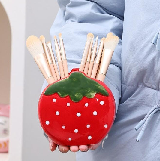 Pencil Holder, Ceramic Strawberry Pen Dispensers, Makeup Brush Holder, Table Organizer
