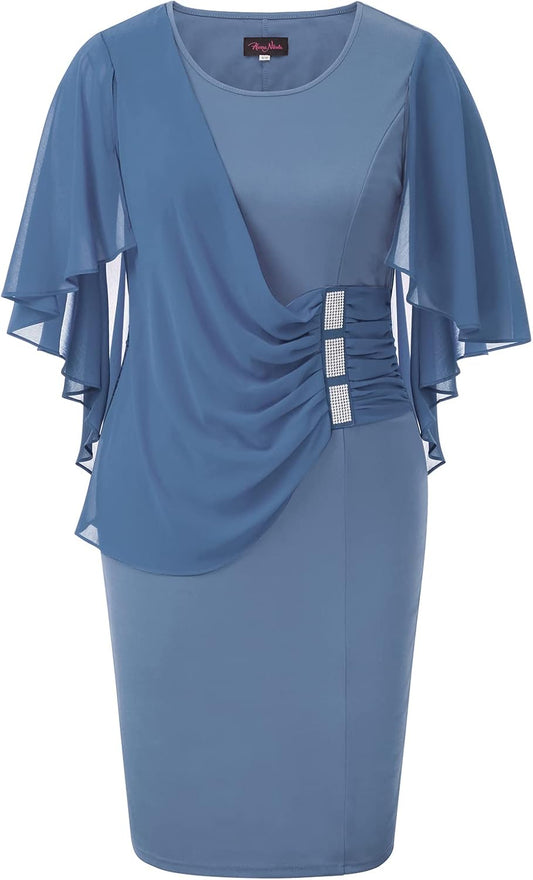 Size 22W In Red Wine Color, Hanna Nikole Women's Plus Size Chiffon Ruffle Flattering Cape Sleeve Bodycon Pencil Dress