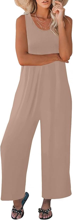 Women's Summer Casual Loose Tank Jumpsuit Sleeveless Crewneck Long Pants Jumpsuit Romper with Pockets