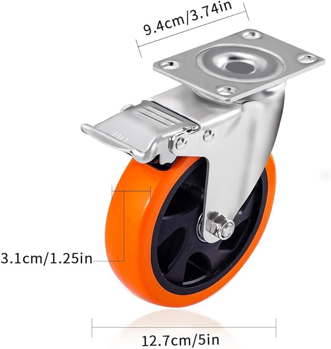 DL 5 Inch Swivel Casters Wheels 1500lbs Heavy Duty Castors with Brake Polyurethane Dual Locking Casters Set of 4 Orange DL-I5-001