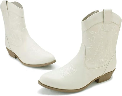 PEPPEP Western Cowgirl Cowboy Ankle Boots for Women or Ladies, Mid Calf, Vegan Leather Embroidered Upper, Low Heel, Fashionable Pointed-toe, Well Made