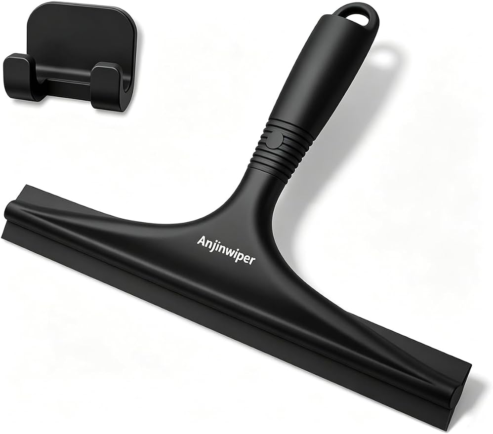 All-Purpose Shower Squeegee for Glass Doors with Hook, Silicone Squeegee for Shower Glass, Shower Doors, Windows, Bathroom, Mirrors and Tiles?10 inch, Black)