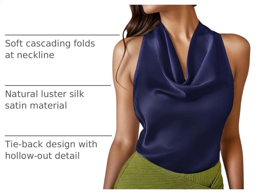 LAOTEPO Cowl Neck Halter Tops for Women Silk Satin Going Out Tank Top Trendy Summer Camisole Business Casual Blouses Outfits