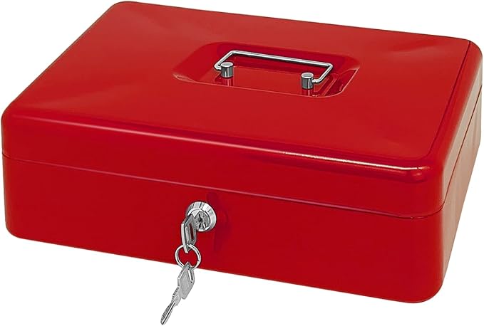 Steel Cash Box with Key Lock, Metal Small Money Organizer with Money Tray,Cash Storage Box with Lockable Cover (Red - 12 inch)