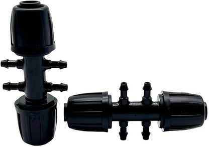 Six-way T-link barbed adapter from 12 inch to 14 inch for anti-fall irrigation pipe (0.512 in ID 0.157 in ID), PE pipe locking female connector from 0.630 in to 1.850 in of