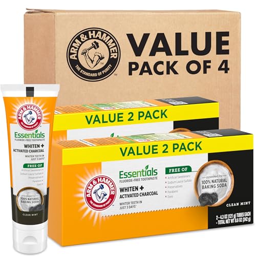 ARM & HAMMER Essentials Fluoride-Free Toothpaste, Whitening + Activated Charcoal Toothpaste, ( 2Pack of 4.3oz ) Tubes, Clean Mint, 100% Natural Baking Soda