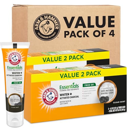 ARM & HAMMER Essentials Fluoride-Free Toothpaste, Whitening + Activated Charcoal Toothpaste, ( 2Pack of 4.3oz ) Tubes, Clean Mint, 100% Natural Baking Soda