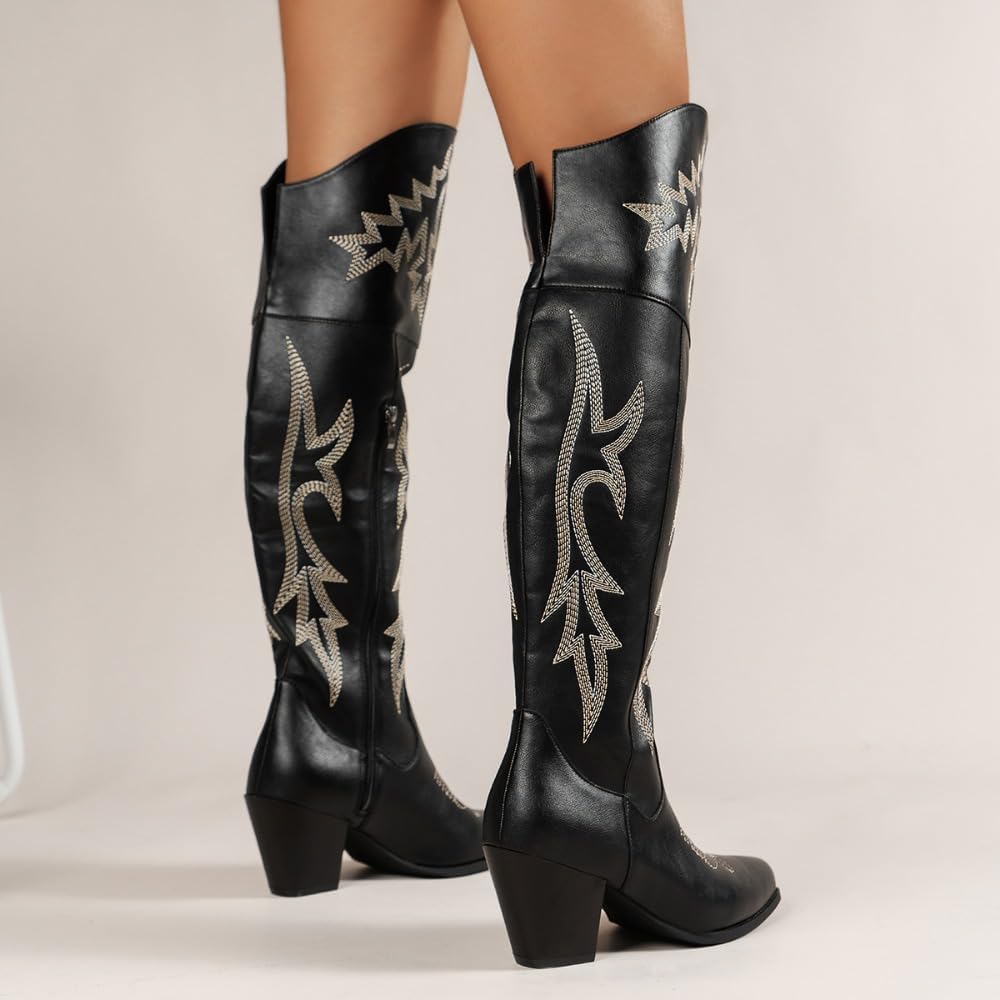 Cowboy Boots for Women Over the Knee Western Boots Embroidery Cowgirl Pull-On Pointy Toe & Wide - Retro Comfortable Walking Lightweight Running Standing All Day Trending Fashion Plus Size