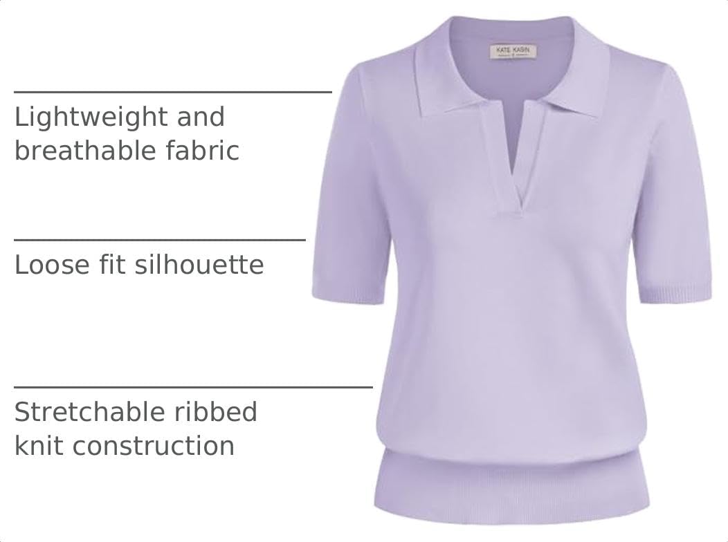Kate Kasin Women Short Sleeve Polo Sweater V Neck Knitted Tops Casual Ribbed Shirt Loose Pullover Sweater