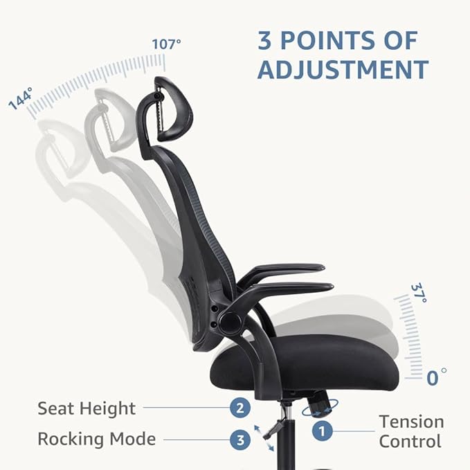 Office Chair, Ergonomic Desk Armchairs with Adjustable Lumbar Support and Flip up Armrest, High Back Rolling Mesh Taskchair with Swive for Home, Gaming, Black