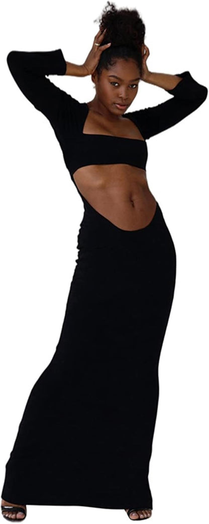 Suillty Women Sexy Hollow Out Bodycon Dress Long Sleeve Backless Belly Cutout Long Dresses for Cocktail Party Festival