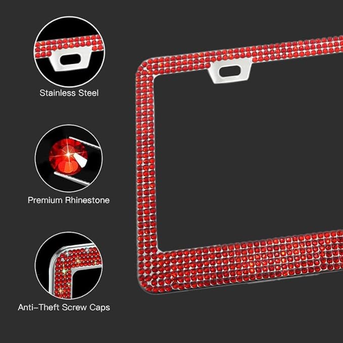 1 Pack Sparkly Bling License Plate Tag Frame Diamond Rhinestone Crystals License Plate Holder for Women (Red)