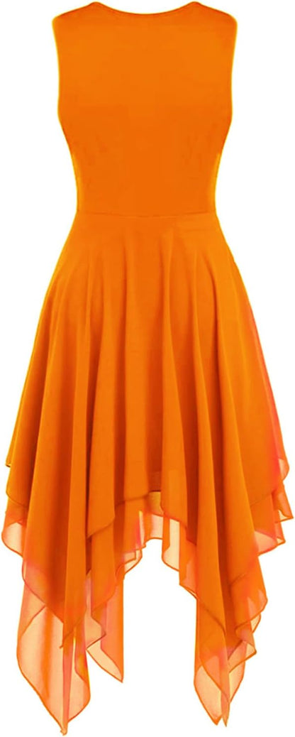 ELLYDOOR Praise Dance Tunic Dresses for Women Sleeveless Gold Color Block Irregular Flowy Skirt Worship Lyrical Dance Costume.