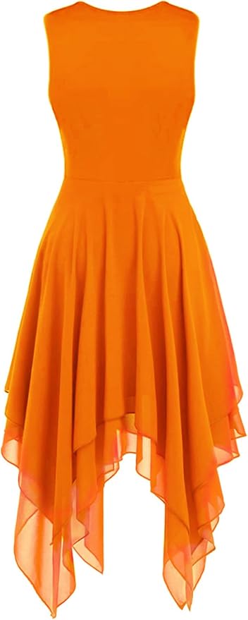 ELLYDOOR Praise Dance Tunic Dresses for Women Sleeveless Gold Color Block Irregular Flowy Skirt Worship Lyrical Dance Costume.