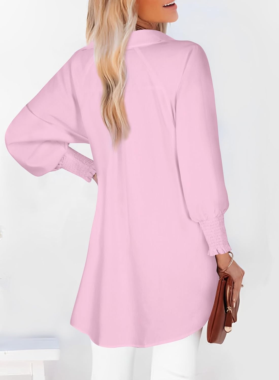 Womens Smocked Cuffed Striped Boyfriend Shirt Casual Collar Long Sleeve Oversized Button Down Blouse Tops with Pocket Shirred.