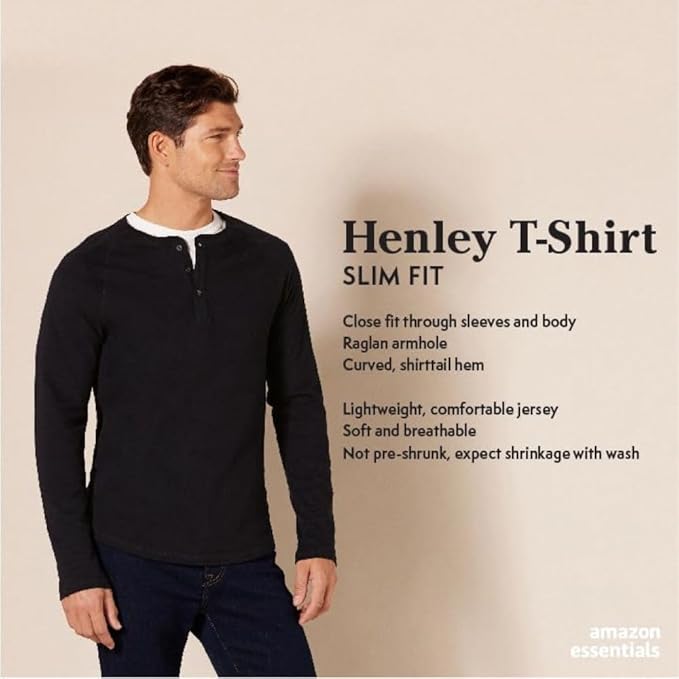 Essentials Men's Slim-Fit Long-Sleeve Henley Shirt