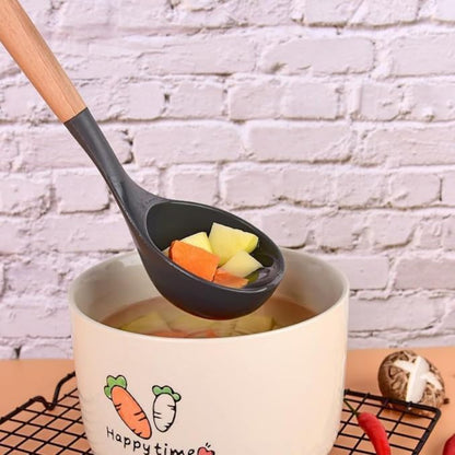 Silicone Soup Ladle - with Wooden Handle, Non-Stick Cookware Heat Resistant Kitchen Utensil (Brown)