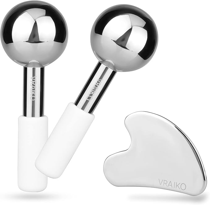 ICE Globes for Facials  Gua Sha Set, Gua Sha Facial Tools and Cryo Sticks with Unbreakable Steel, Face Massager Cooling Rollers for Dark Circles, Puffiness and Lymphatic Drainage (White)